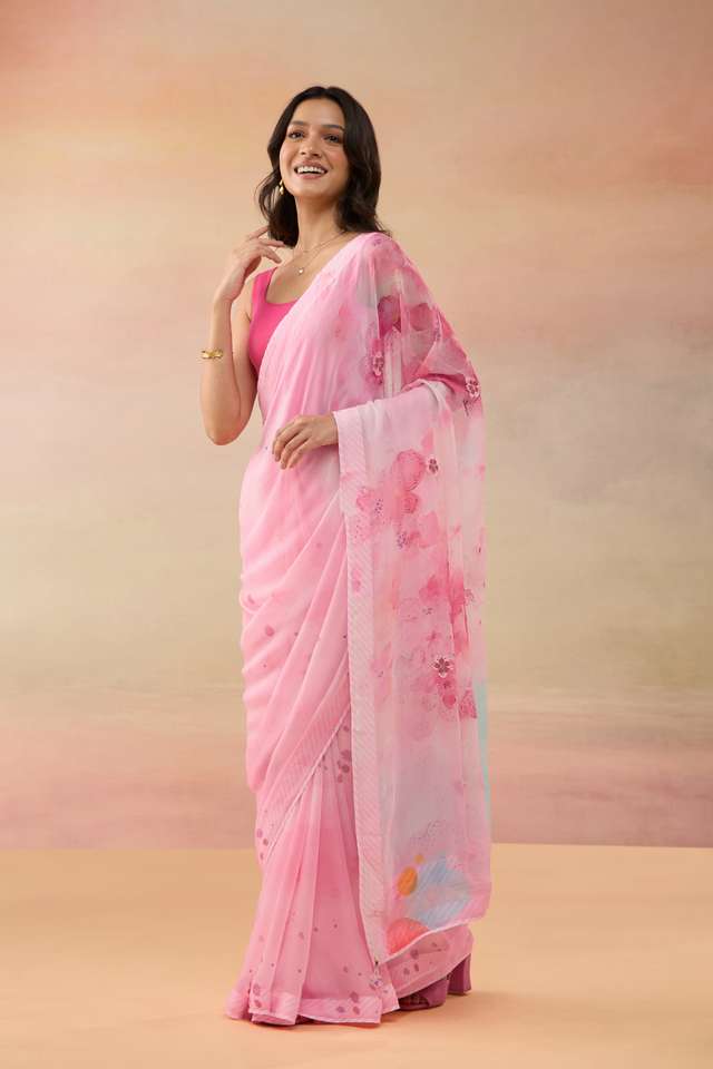 Pink Viscose Chiffon Printed Saree thumbnail image number null