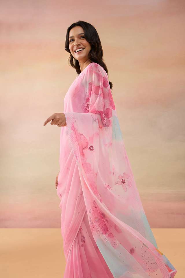 Pink Viscose Chiffon Printed Saree thumbnail image number null