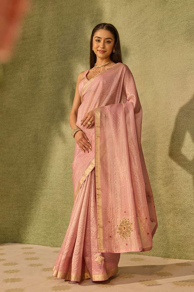 Pink Viscose Tissue Embroidered Saree image number