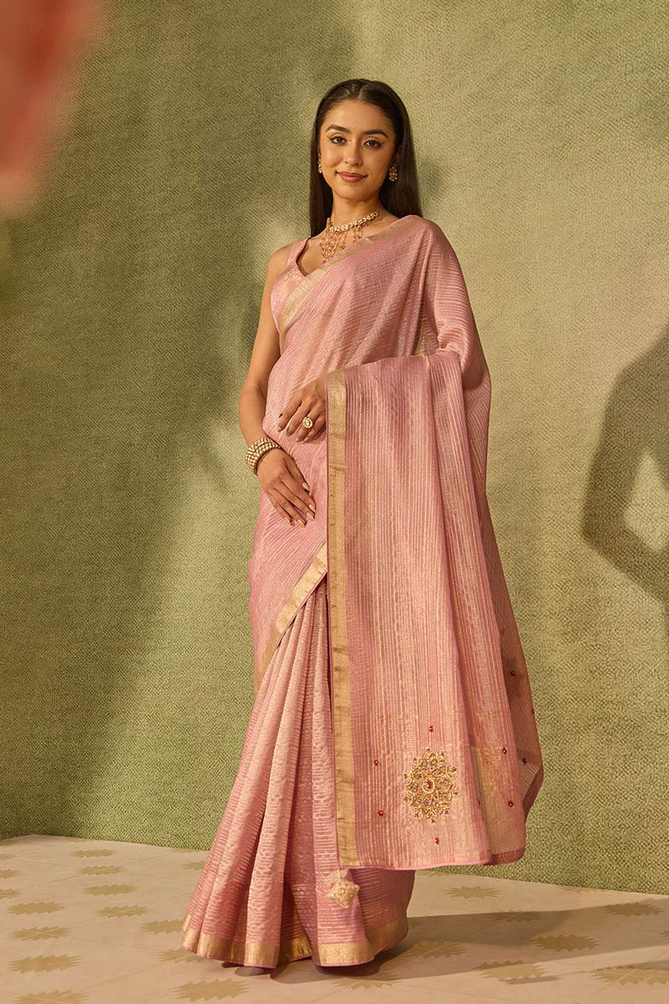 Pink Viscose Tissue Embroidered Saree
