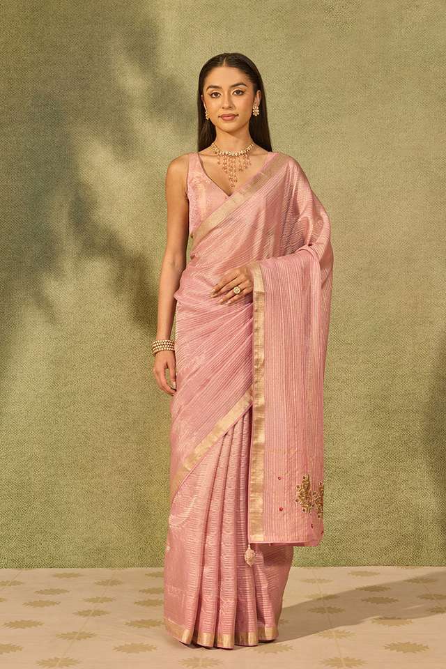Pink Viscose Tissue Embroidered Saree thumbnail image number null