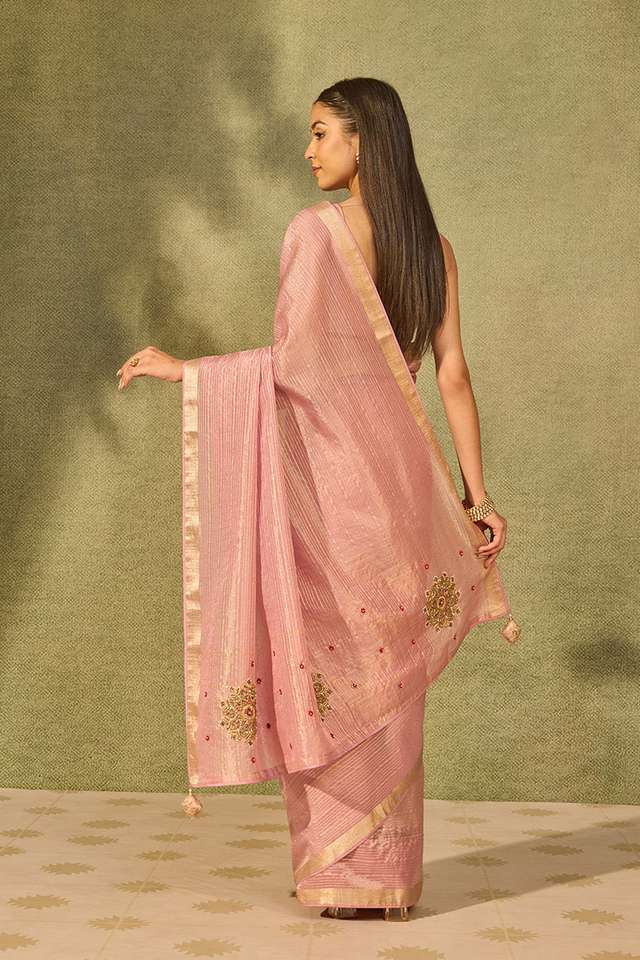 Pink Viscose Tissue Embroidered Saree thumbnail image number null