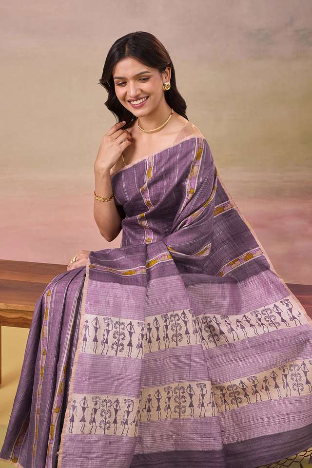 Purple Block Printed Pure Tussar Silk Saree image number