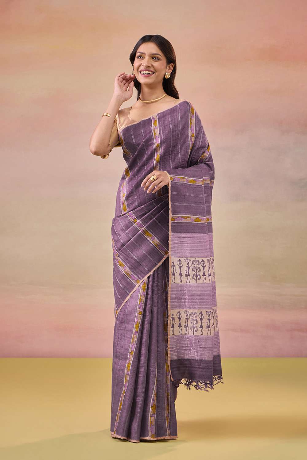Purple Block Printed Pure Tussar Silk Saree image number null