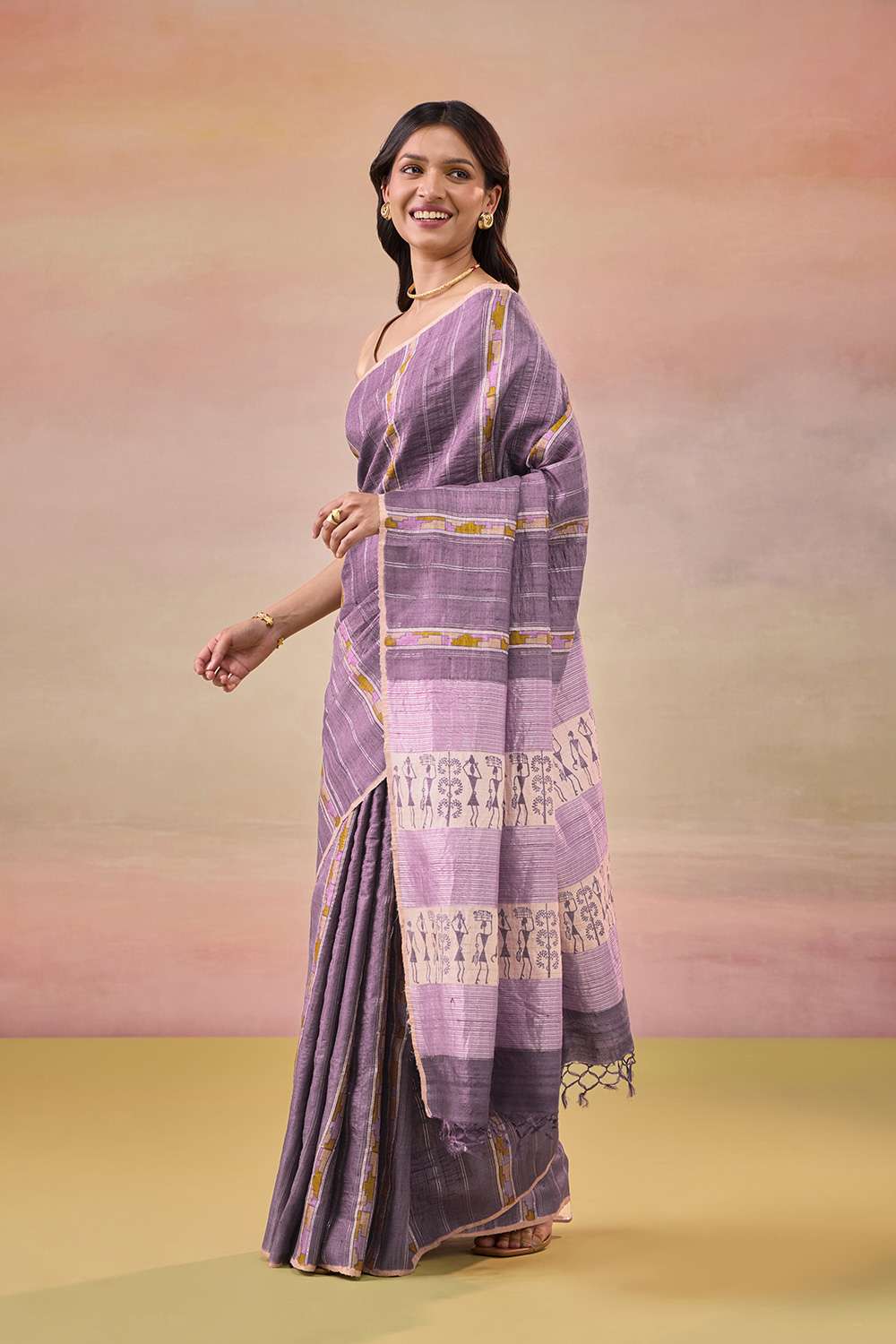 Purple Block Printed Pure Tussar Silk Saree image number null