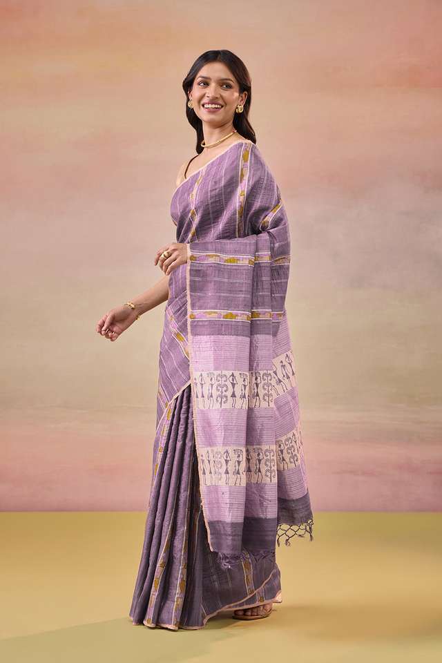 Purple Block Printed Pure Tussar Silk Saree thumbnail image number null