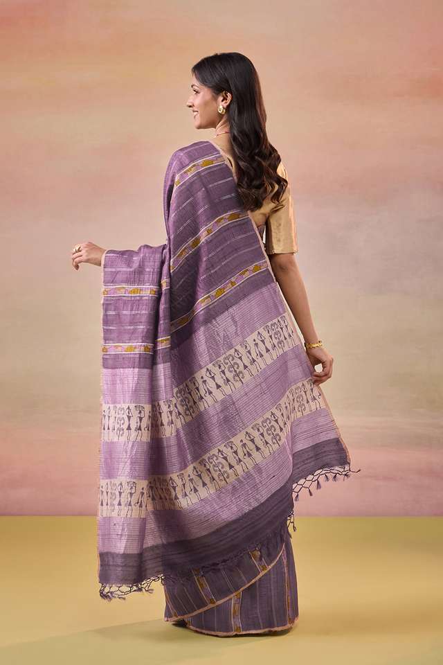 Purple Block Printed Pure Tussar Silk Saree thumbnail image number null
