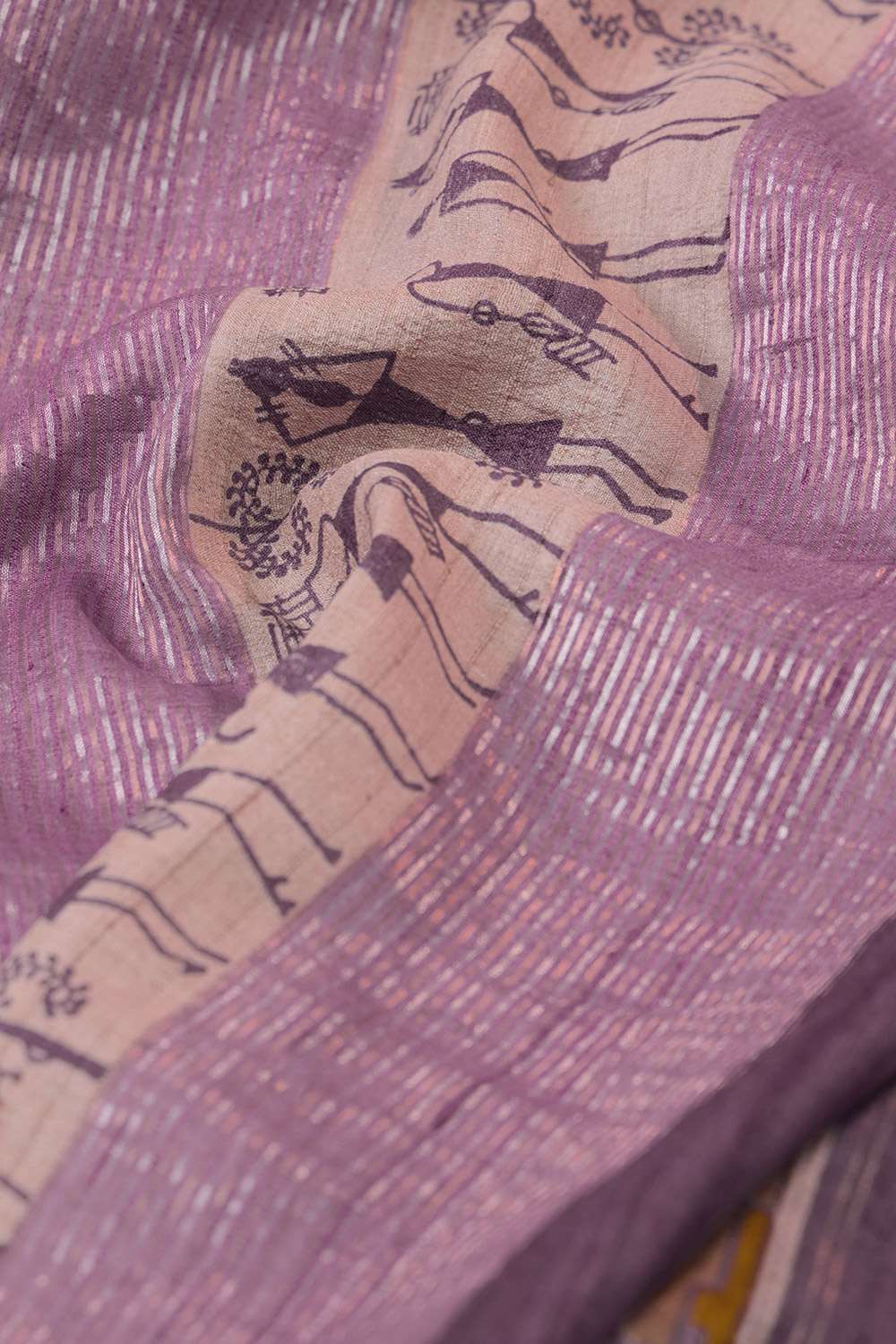Purple Block Printed Pure Tussar Silk Saree image number null