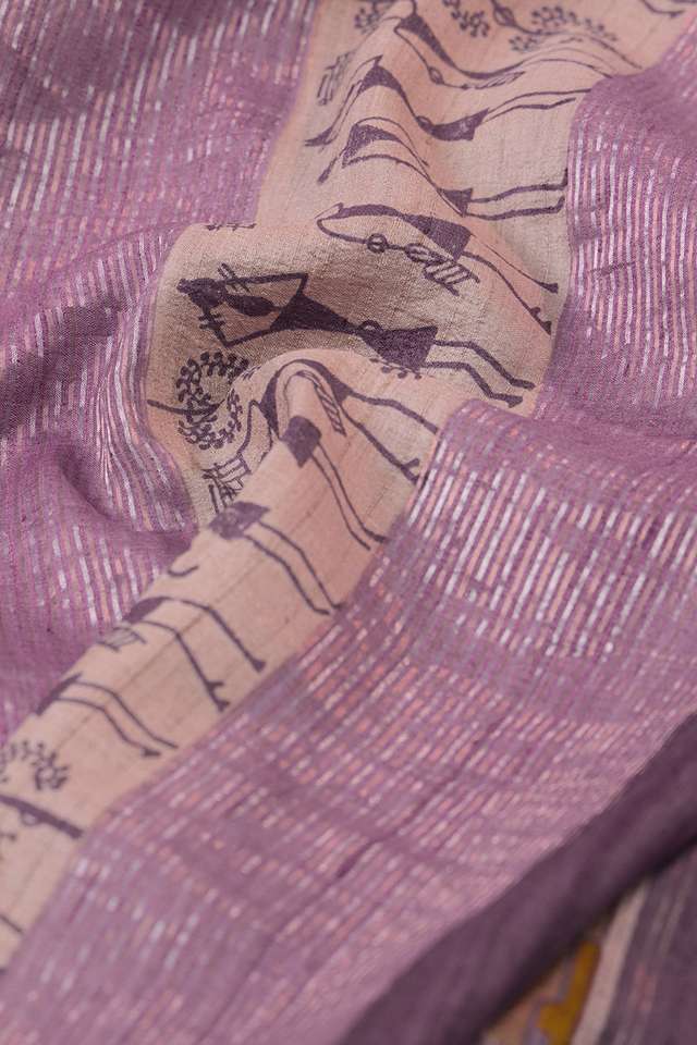 Purple Block Printed Pure Tussar Silk Saree thumbnail image number null
