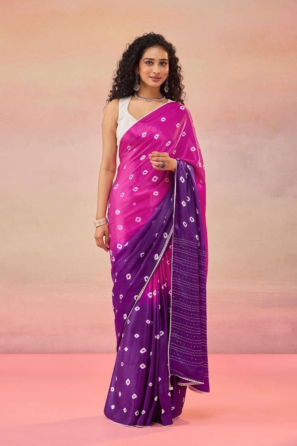 Purple Gujarat Pure Satin Tie & Dye Bandhni Saree image number null