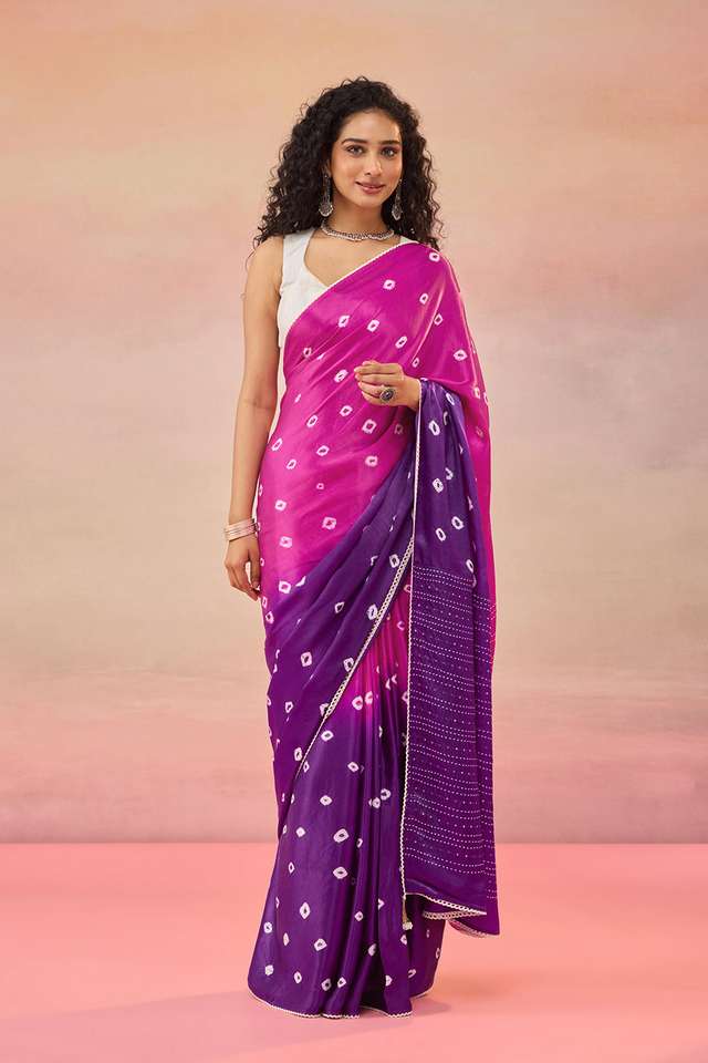 Purple Gujarat Pure Satin Tie & Dye Bandhni Saree thumbnail image number null