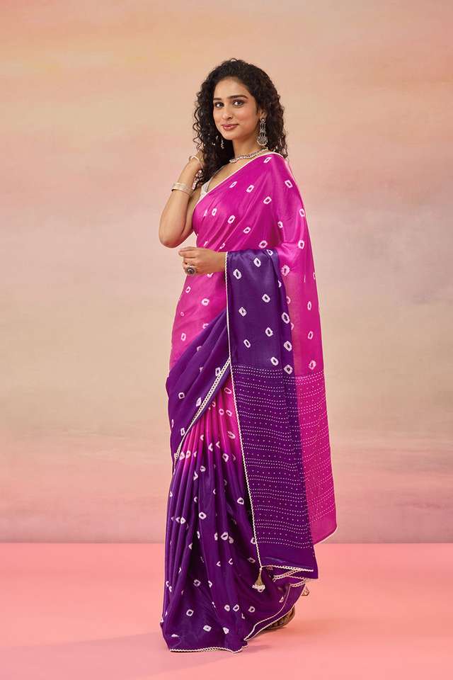 Purple Gujarat Pure Satin Tie & Dye Bandhni Saree thumbnail image number null