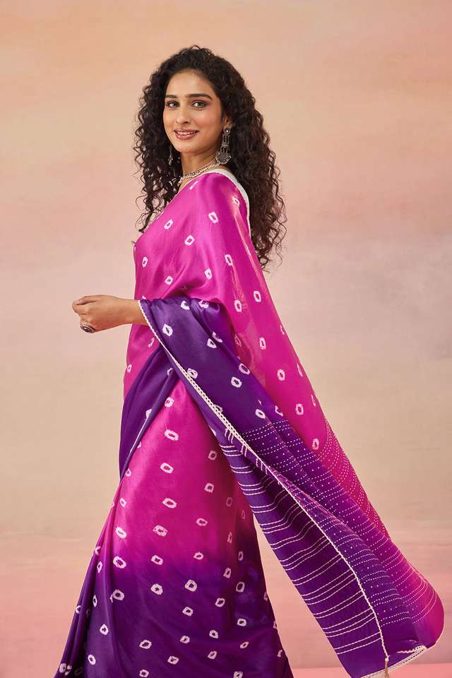Purple Gujarat Pure Satin Tie & Dye Bandhni Saree thumbnail image number null