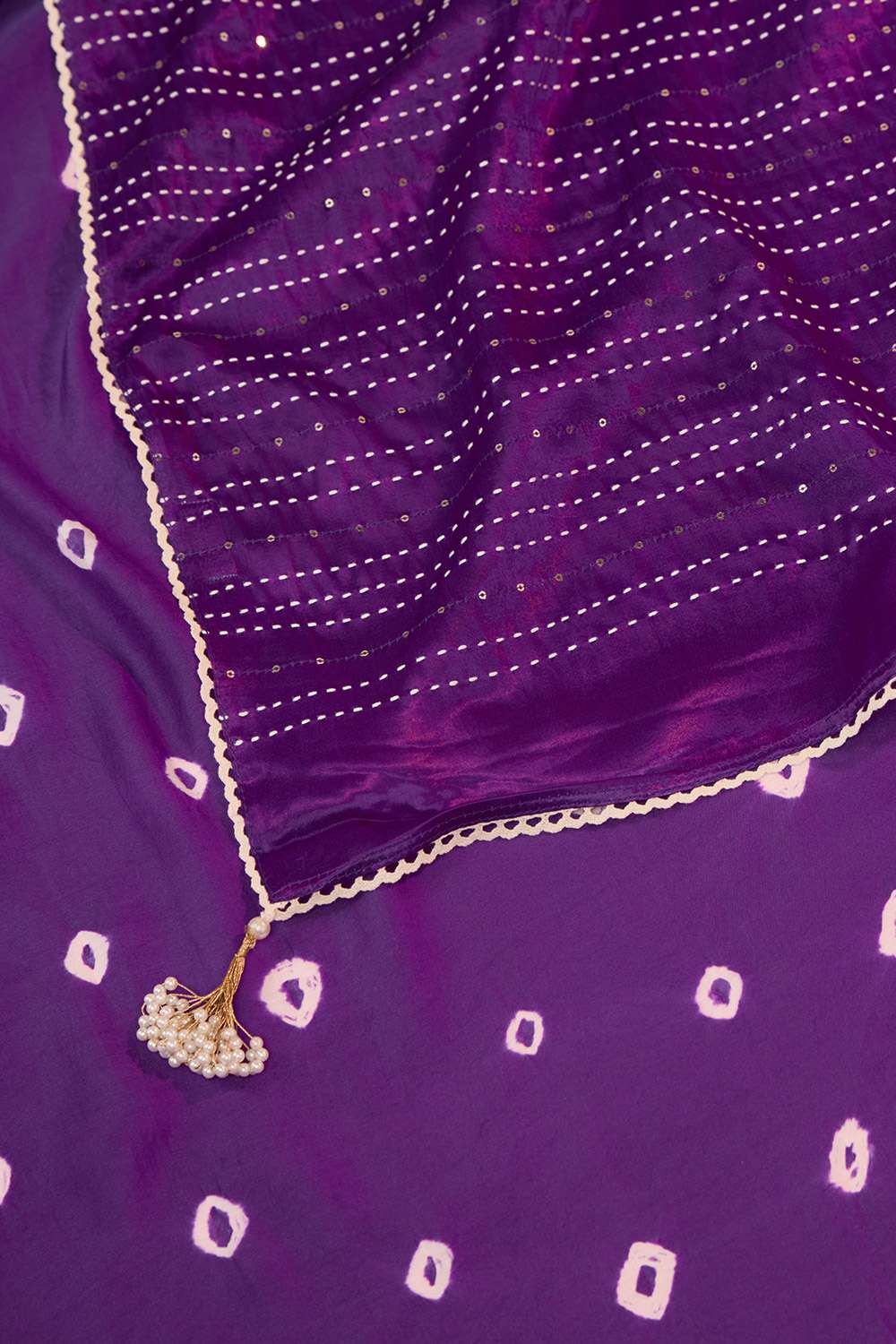 Purple Gujarat Pure Satin Tie & Dye Bandhni Saree image number null