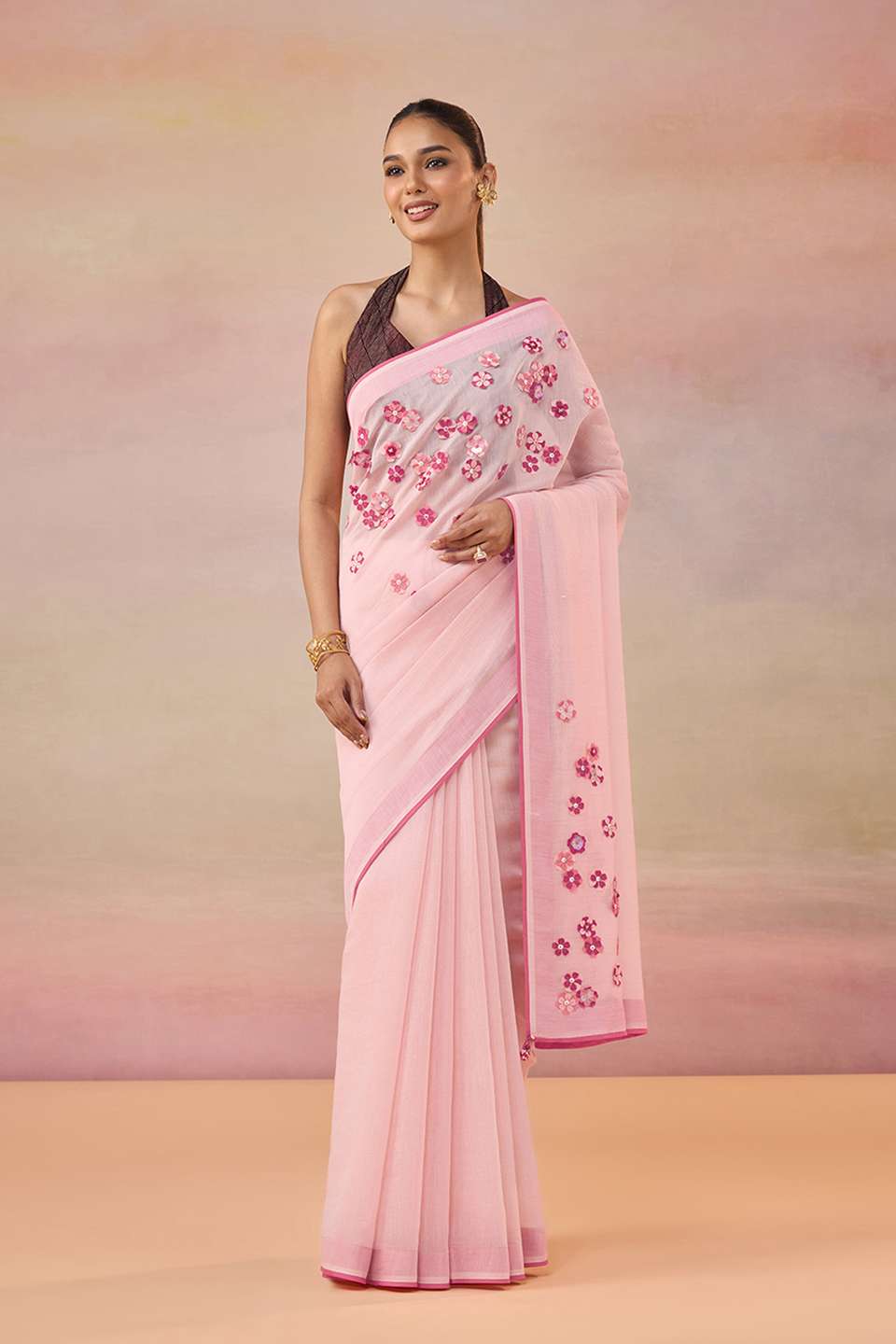 Light Pink Pure Silk Cotton Applique Embroidered Saree