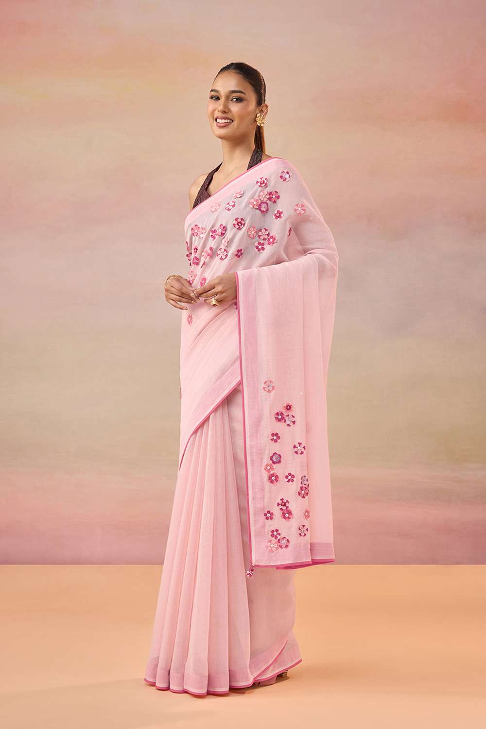 Light Pink Pure Silk Cotton Applique Embroidered Saree image number null