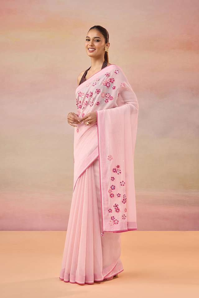 Light Pink Pure Silk Cotton Applique Embroidered Saree thumbnail image number null