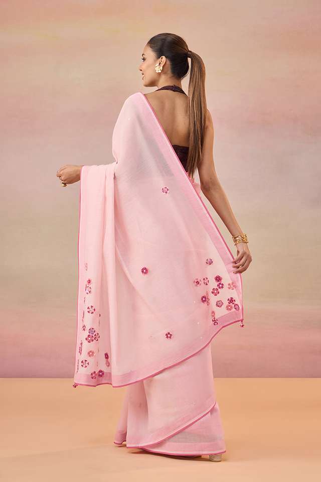 Light Pink Pure Silk Cotton Applique Embroidered Saree thumbnail image number null