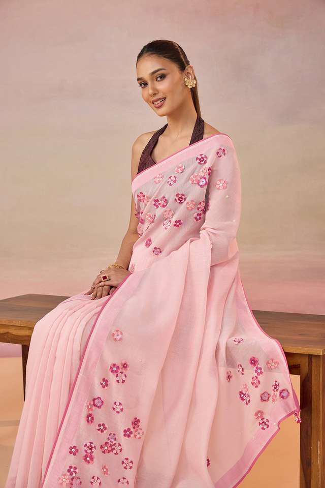 Light Pink Pure Silk Cotton Applique Embroidered Saree thumbnail image number null