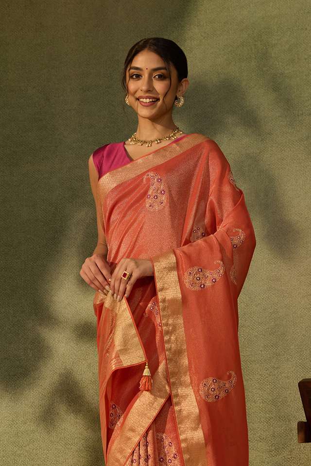 Orange Viscose Tissue Embroidered Saree image number