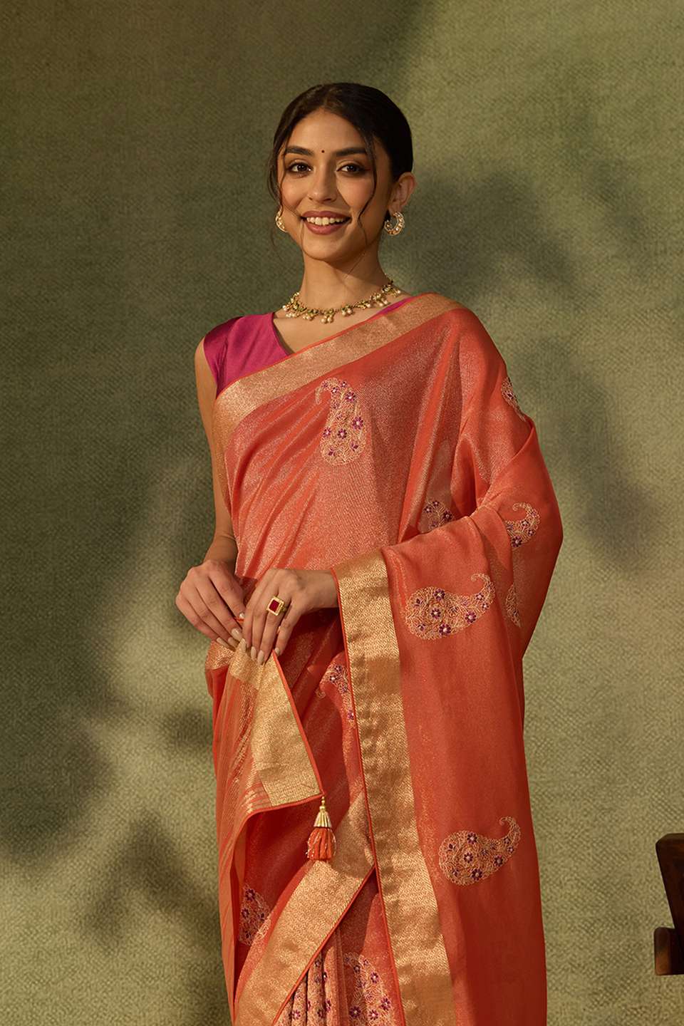Orange Viscose Tissue Embroidered Saree