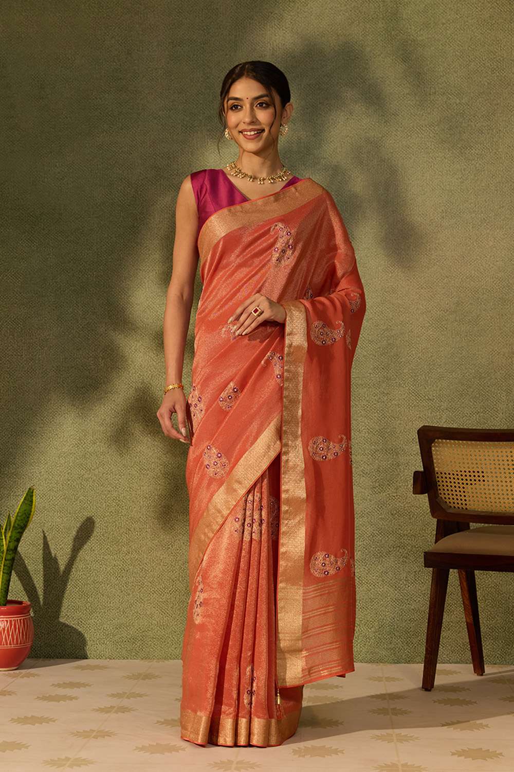 Orange Viscose Tissue Embroidered Saree image number null