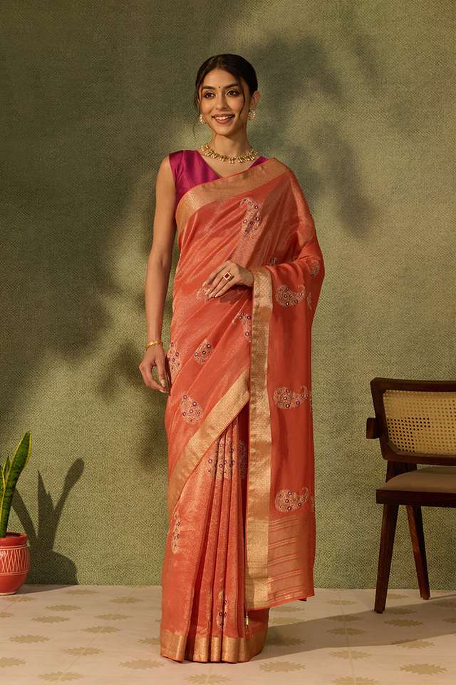 Orange Viscose Tissue Embroidered Saree thumbnail image number null