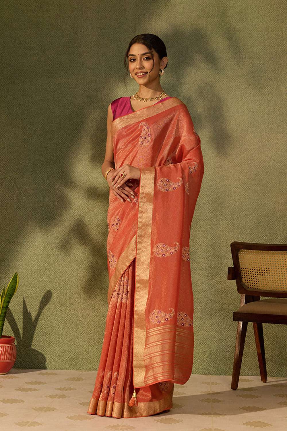 Orange Viscose Tissue Embroidered Saree image number null
