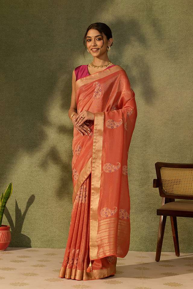 Orange Viscose Tissue Embroidered Saree thumbnail image number null