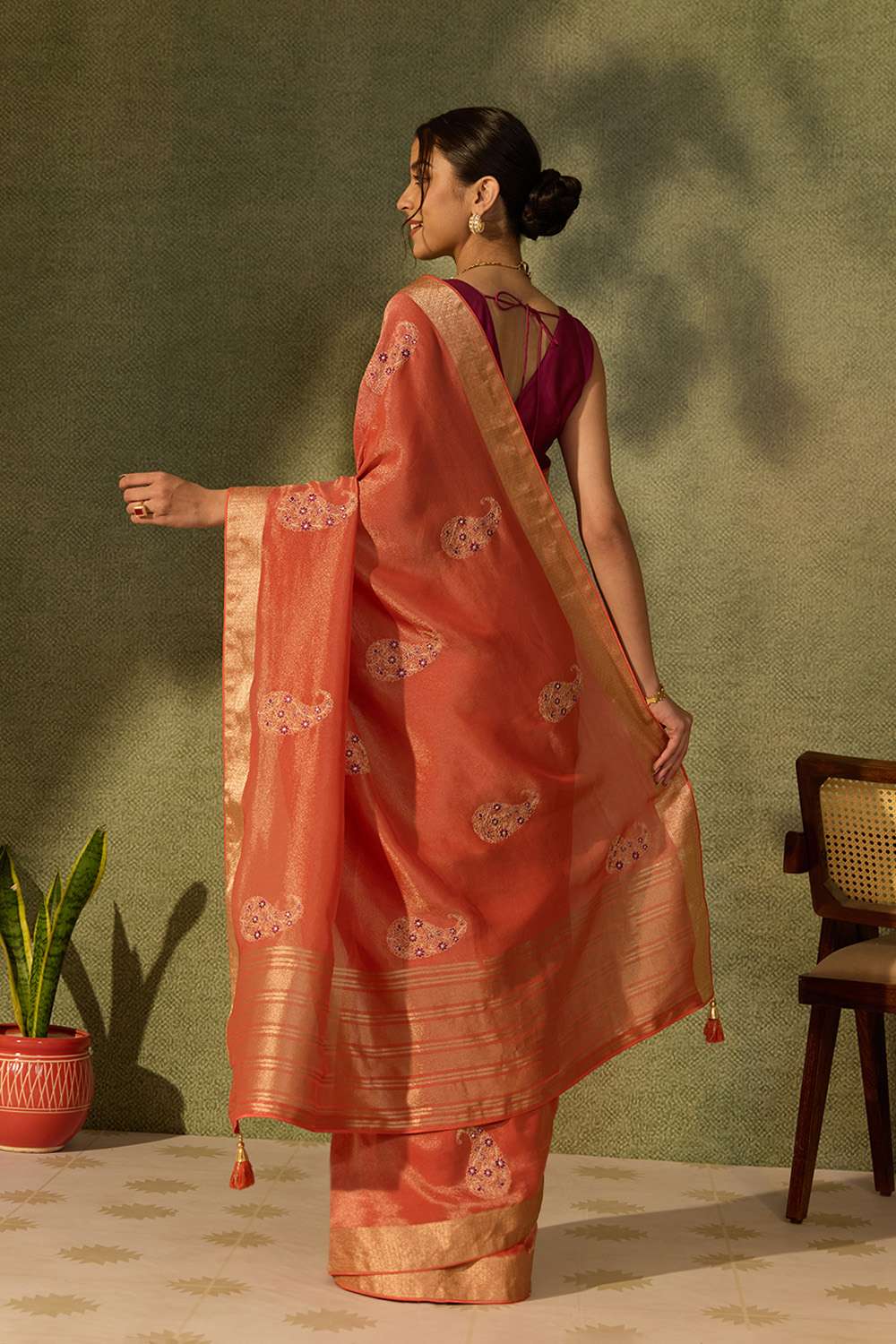 Orange Viscose Tissue Embroidered Saree image number null