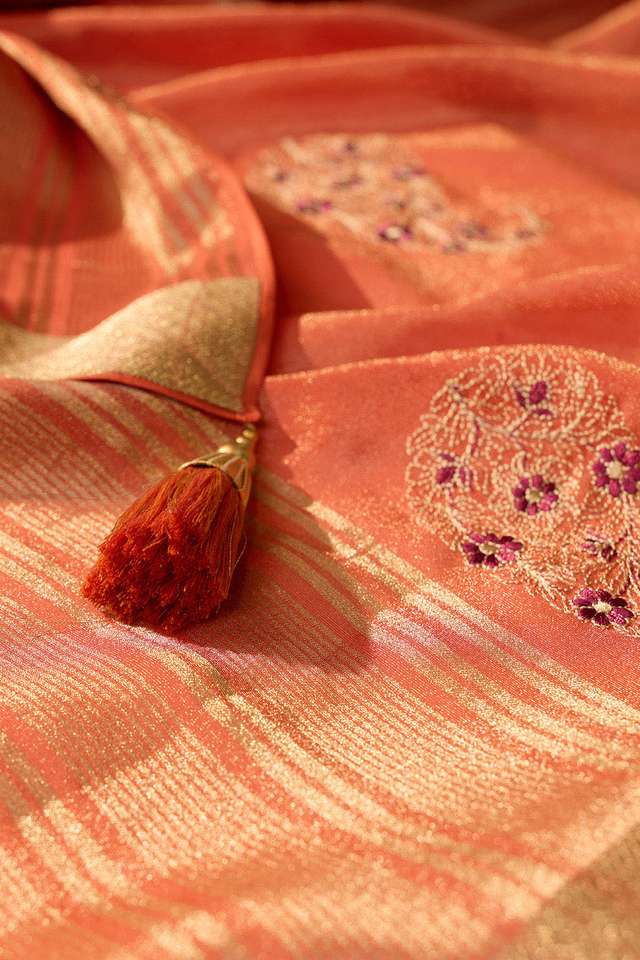 Orange Viscose Tissue Embroidered Saree thumbnail image number null