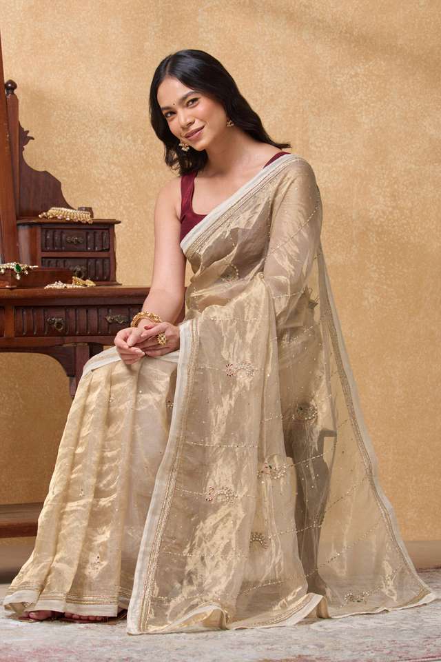 Beige Pure Tissue Organza Embroidered Saree image number