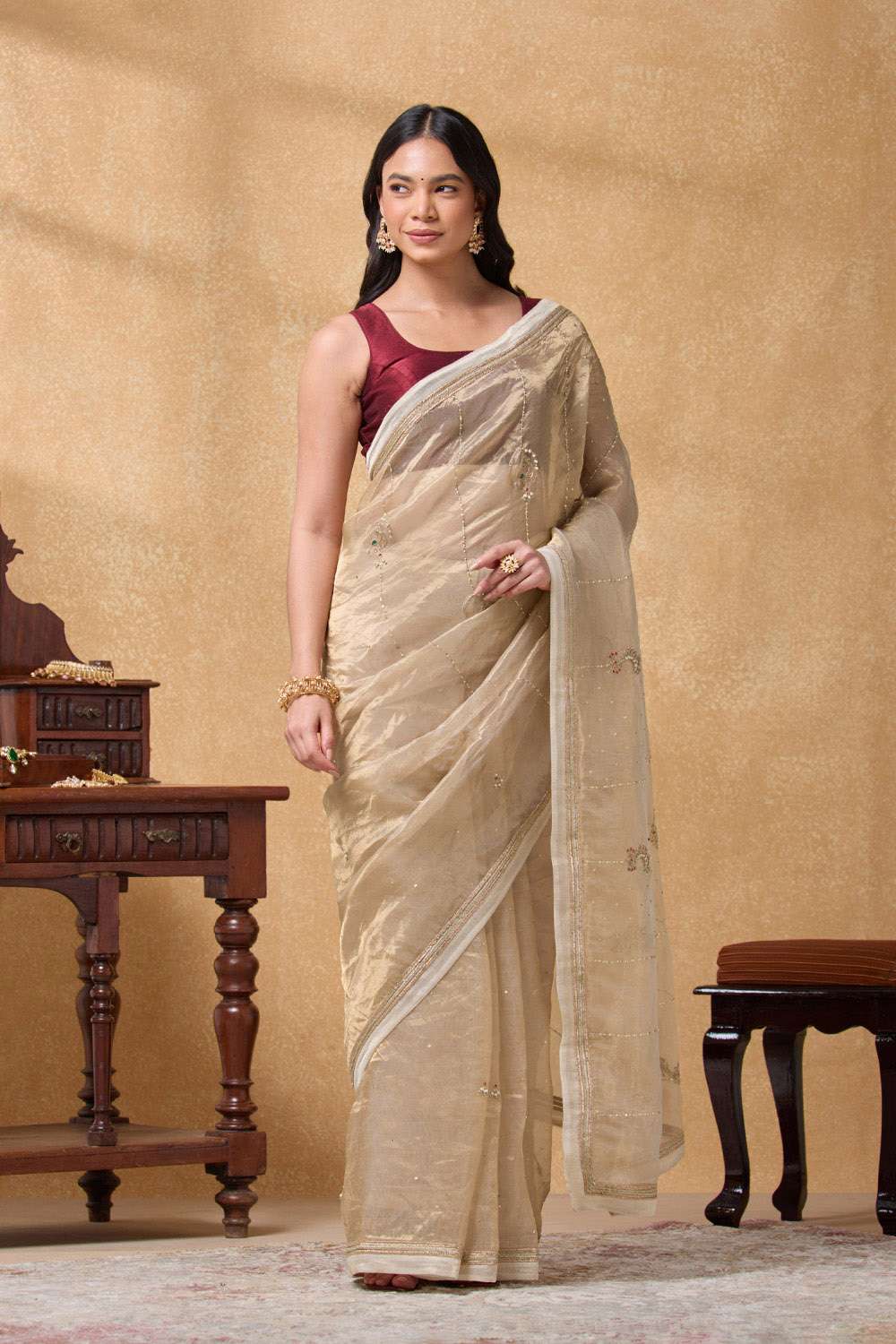 Beige Pure Tissue Organza Embroidered Saree image number null