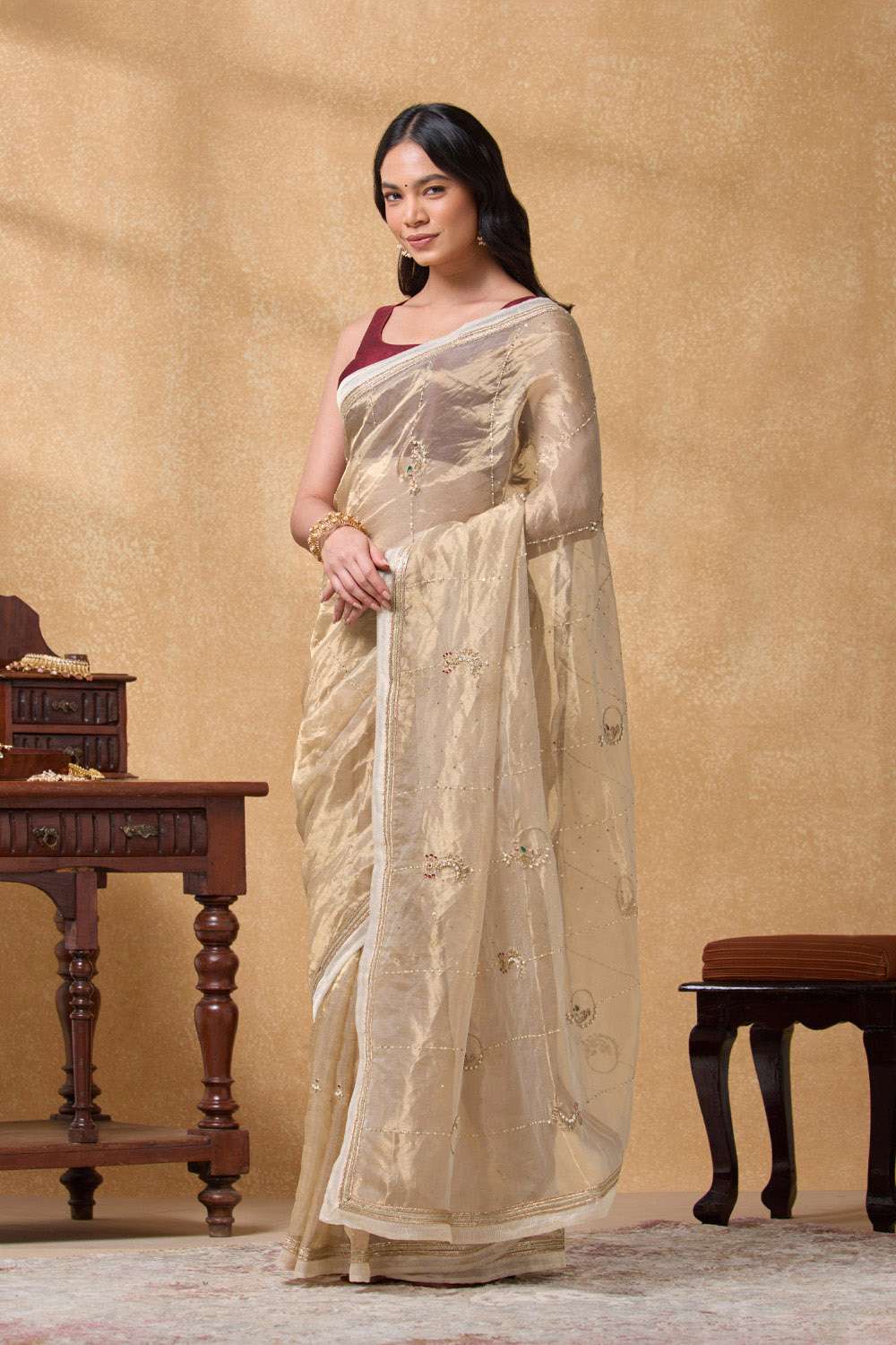 Beige Pure Tissue Organza Embroidered Saree image number null