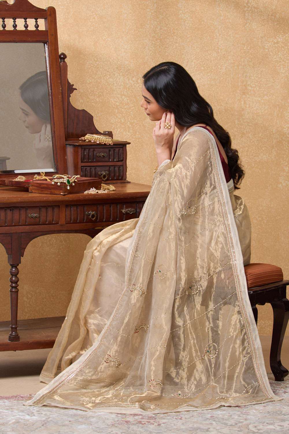 Beige Pure Tissue Organza Embroidered Saree image number null