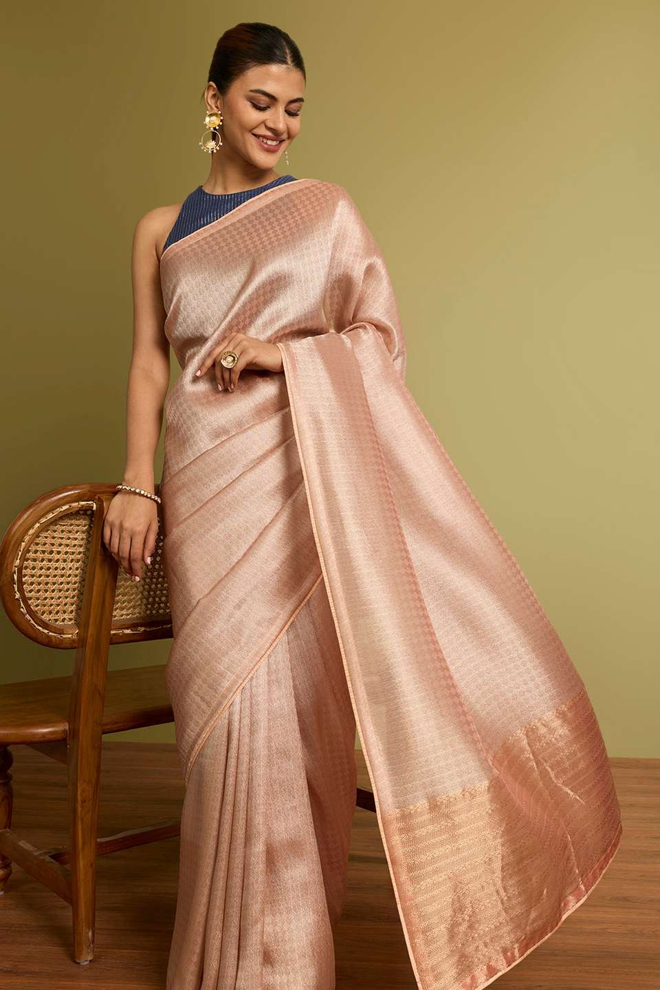 Light Orange Woven Viscose Tissue Saree