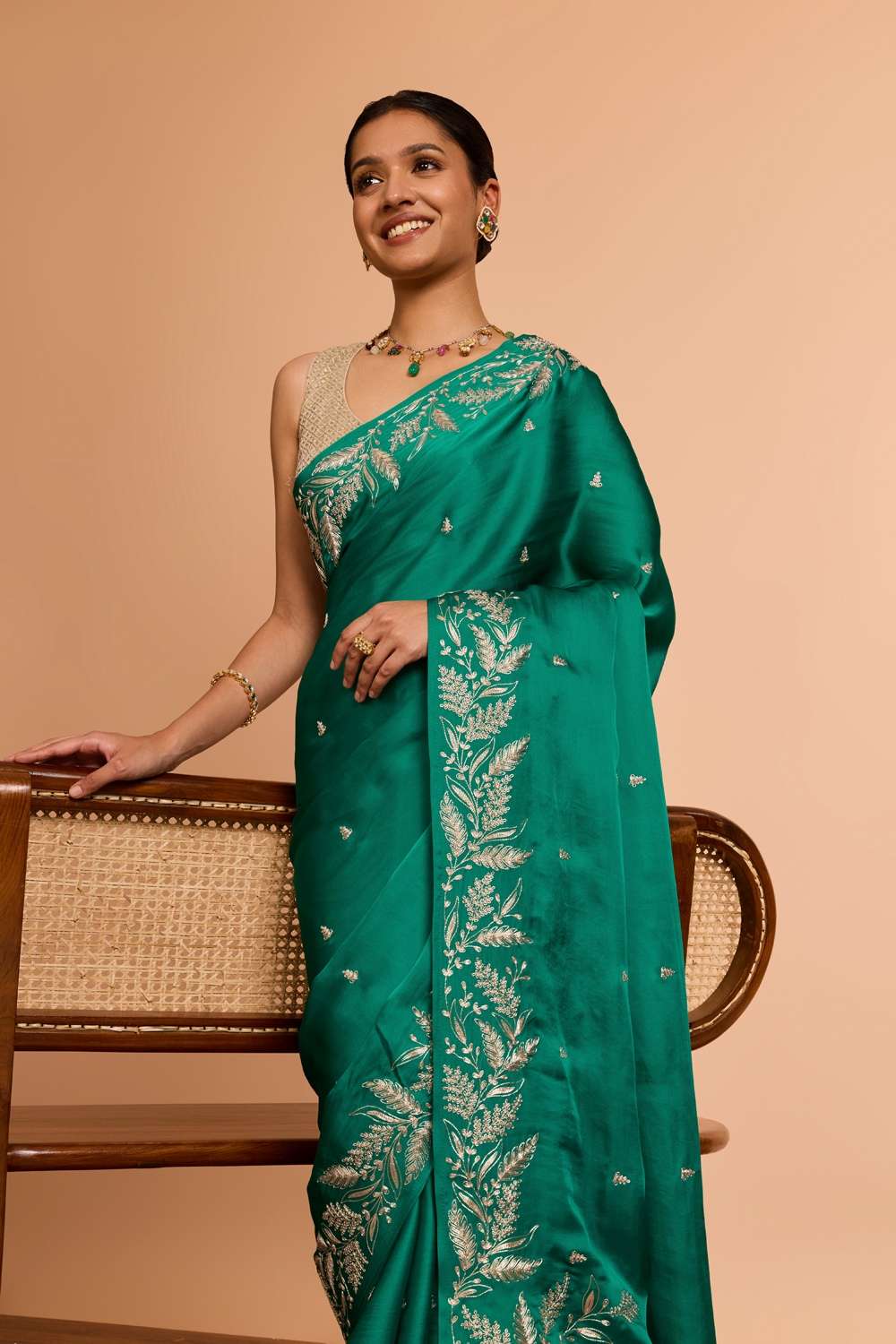 Green  Viscose Satin Embroidered Saree image number null