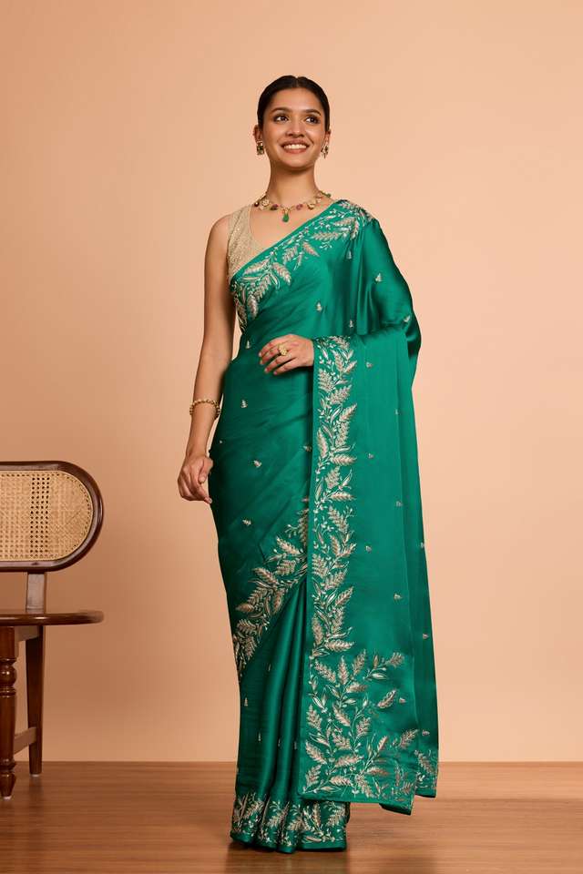 Green  Viscose Satin Embroidered Saree thumbnail image number null