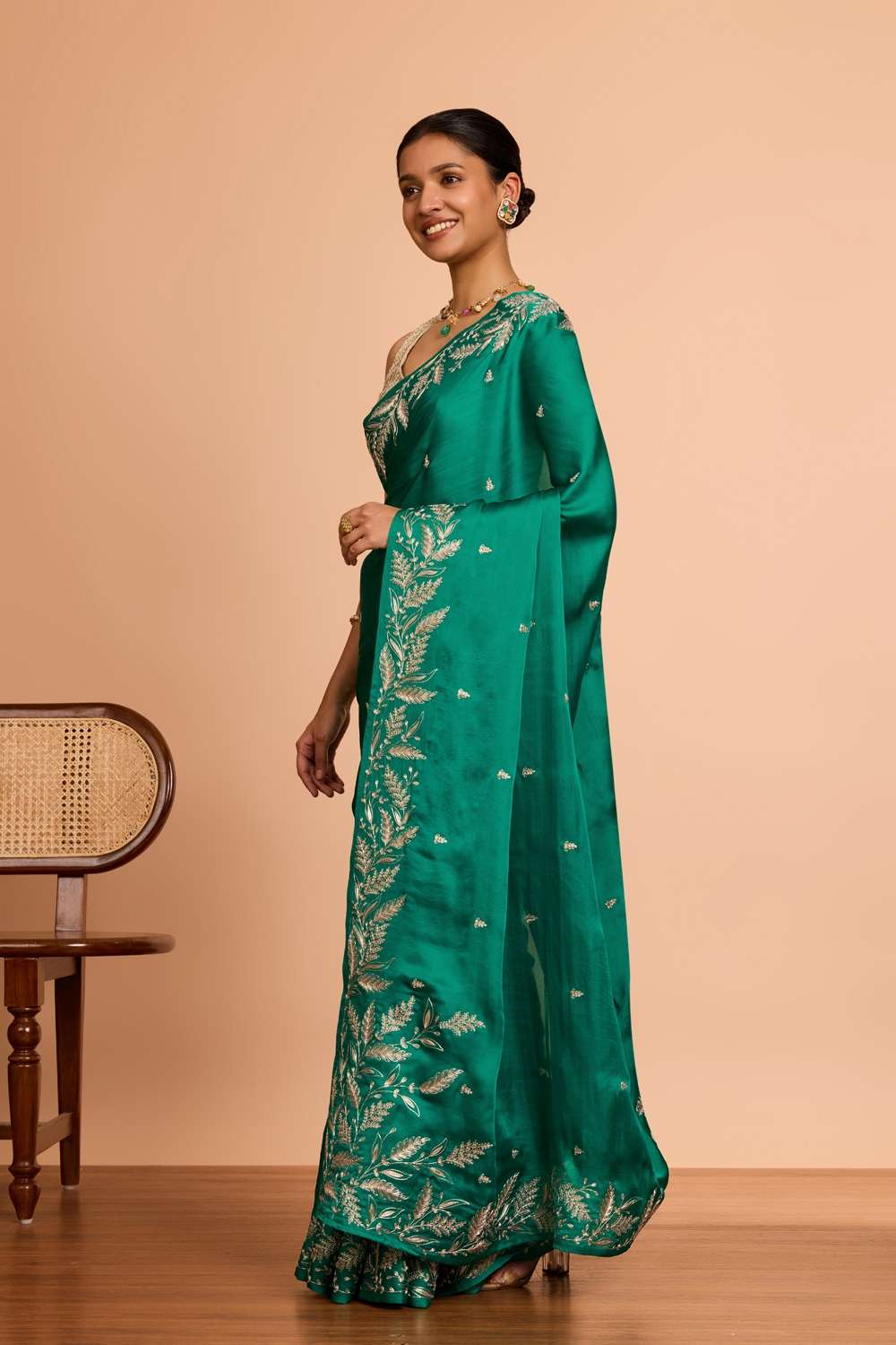 Green  Viscose Satin Embroidered Saree image number null