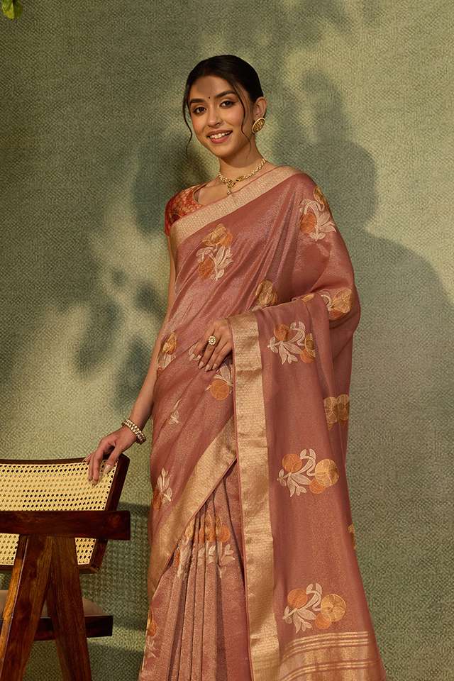 Pink Viscose Tissue Embroidered Saree image number