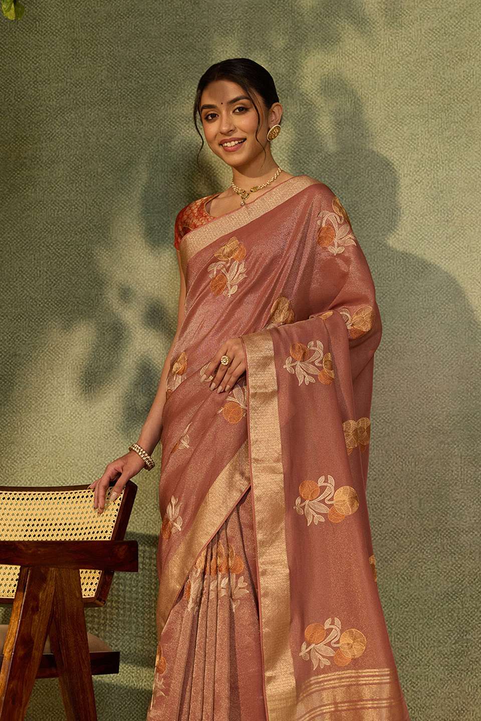 Pink Viscose Tissue Embroidered Saree