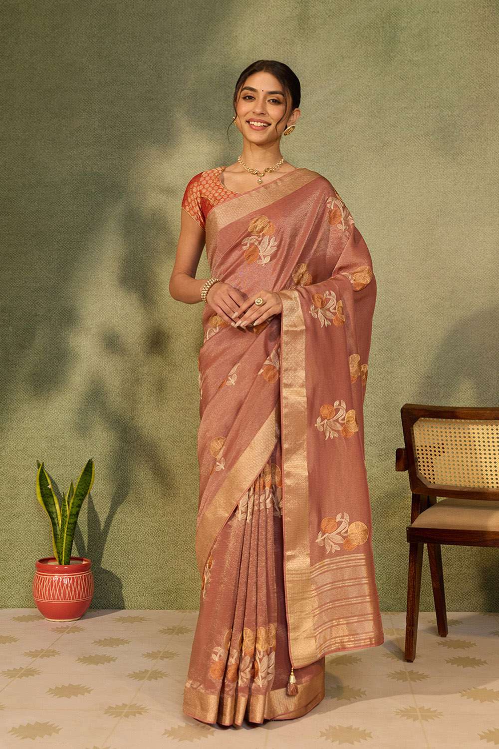 Pink Viscose Tissue Embroidered Saree image number null