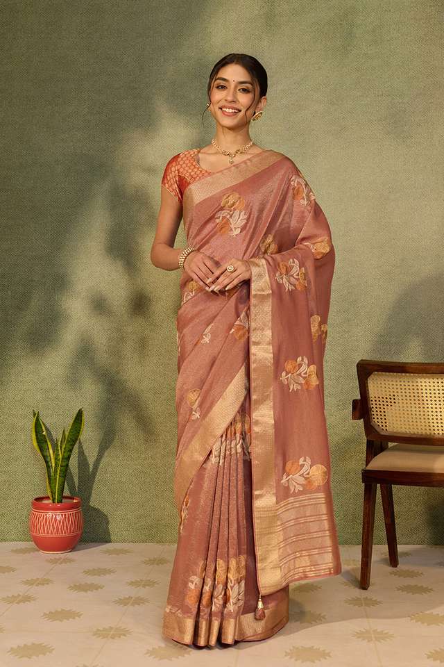 Pink Viscose Tissue Embroidered Saree thumbnail image number null