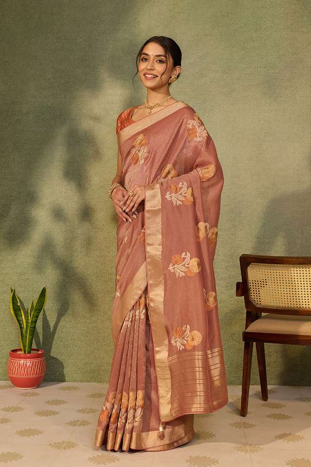 Pink Viscose Tissue Embroidered Saree thumbnail image number null