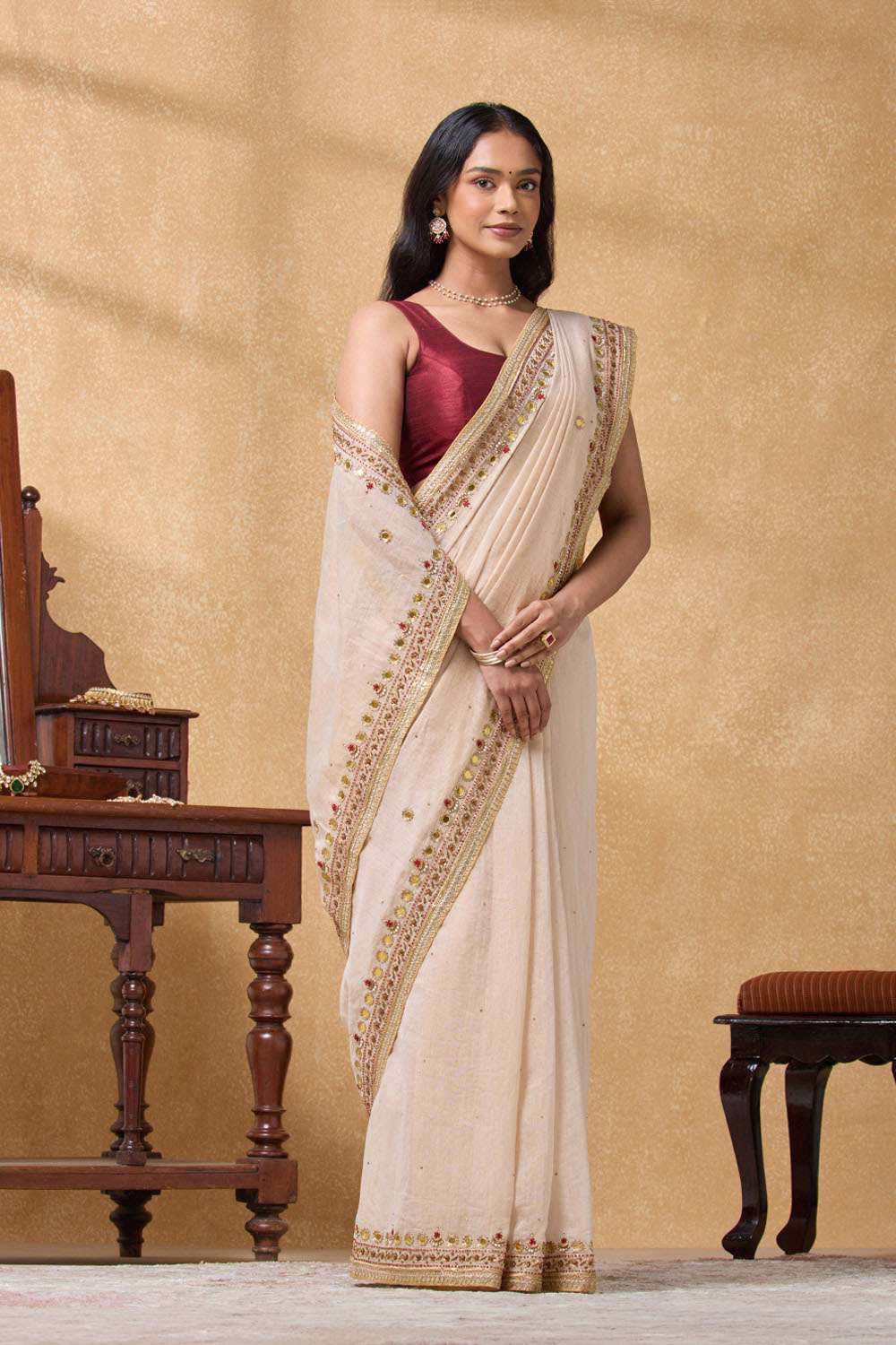 Beige Pure Cotton Tissue Embroidered Saree image number null