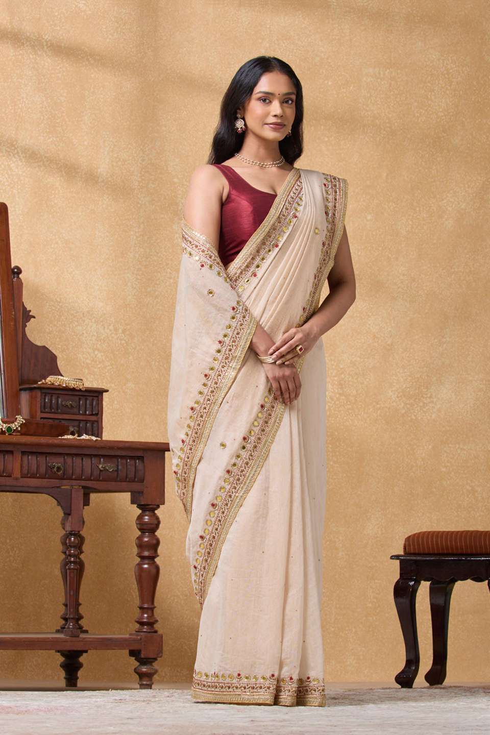 Beige Pure Cotton Tissue Embroidered Saree