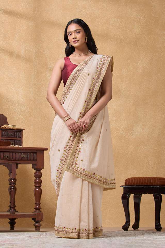 Beige Pure Cotton Tissue Embroidered Saree thumbnail image number null