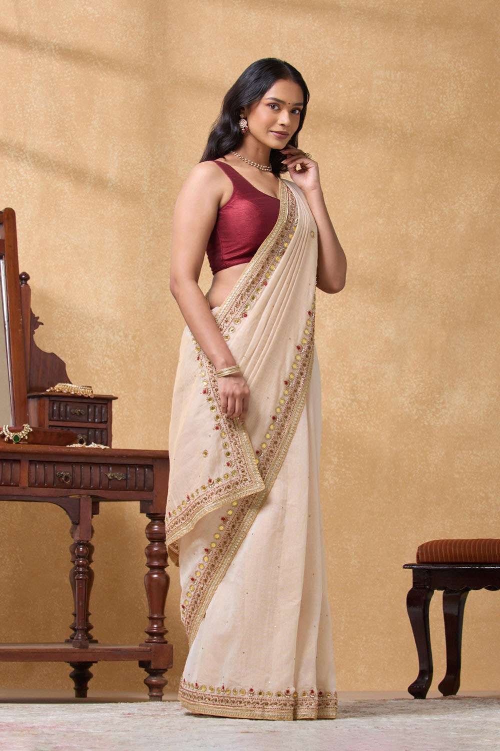 Beige Pure Cotton Tissue Embroidered Saree image number null
