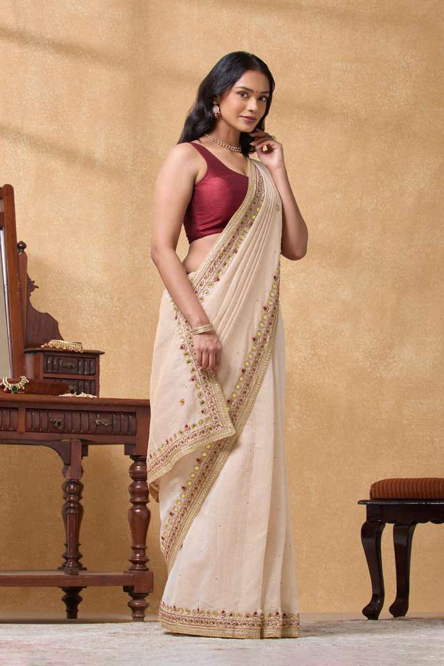 Beige Pure Cotton Tissue Embroidered Saree thumbnail image number null