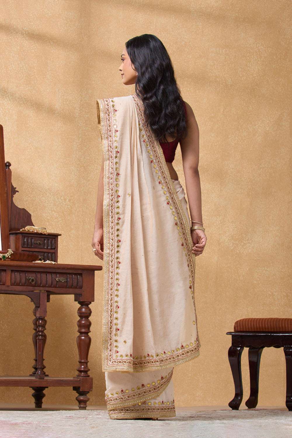 Beige Pure Cotton Tissue Embroidered Saree image number null